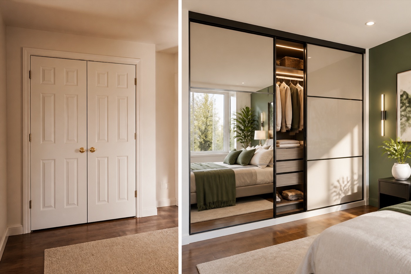 Before and after view of plain closet doors transformed into custom sliding doors.