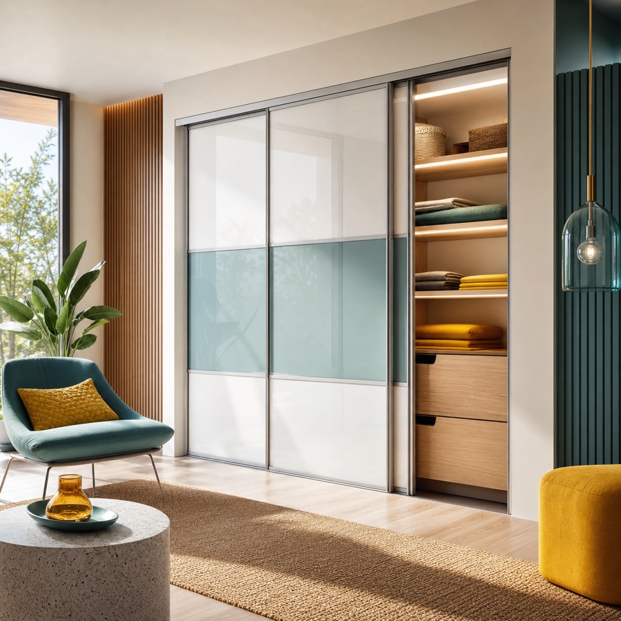 Contemporary room with frosted glass BPG sliding doors.