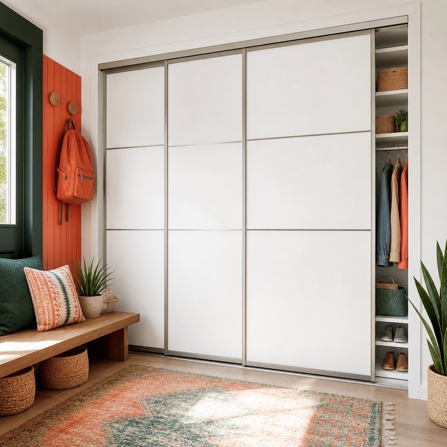 Mudroom closet with white panel sliding doors and slim rails.